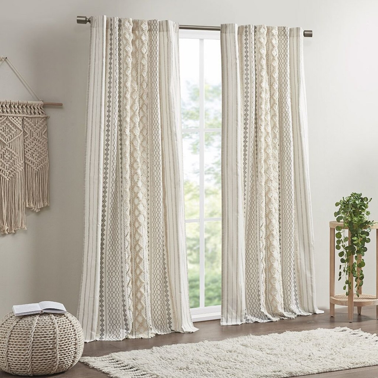 Edge Collections - 50" x 95" - Ivory - Cotton Printed Curtain Panel with Chenille Stripe Lining - 1 Piece